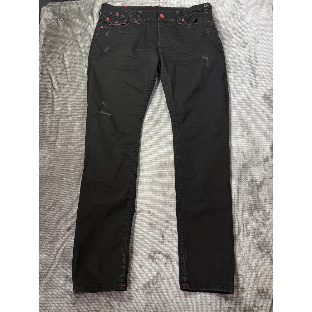 True Religion Geno Straight Mens Black Red Stitch Distressed‎ Jeans Size 38x33